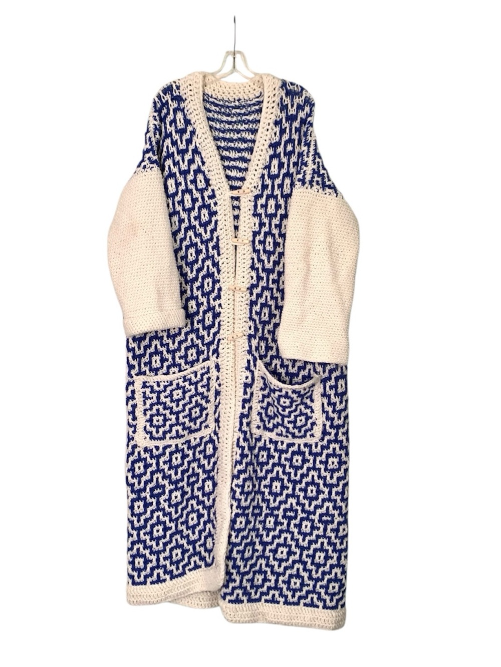 Vintage Style Handmade Blue/Cream White Pocketed Cardigan Duster